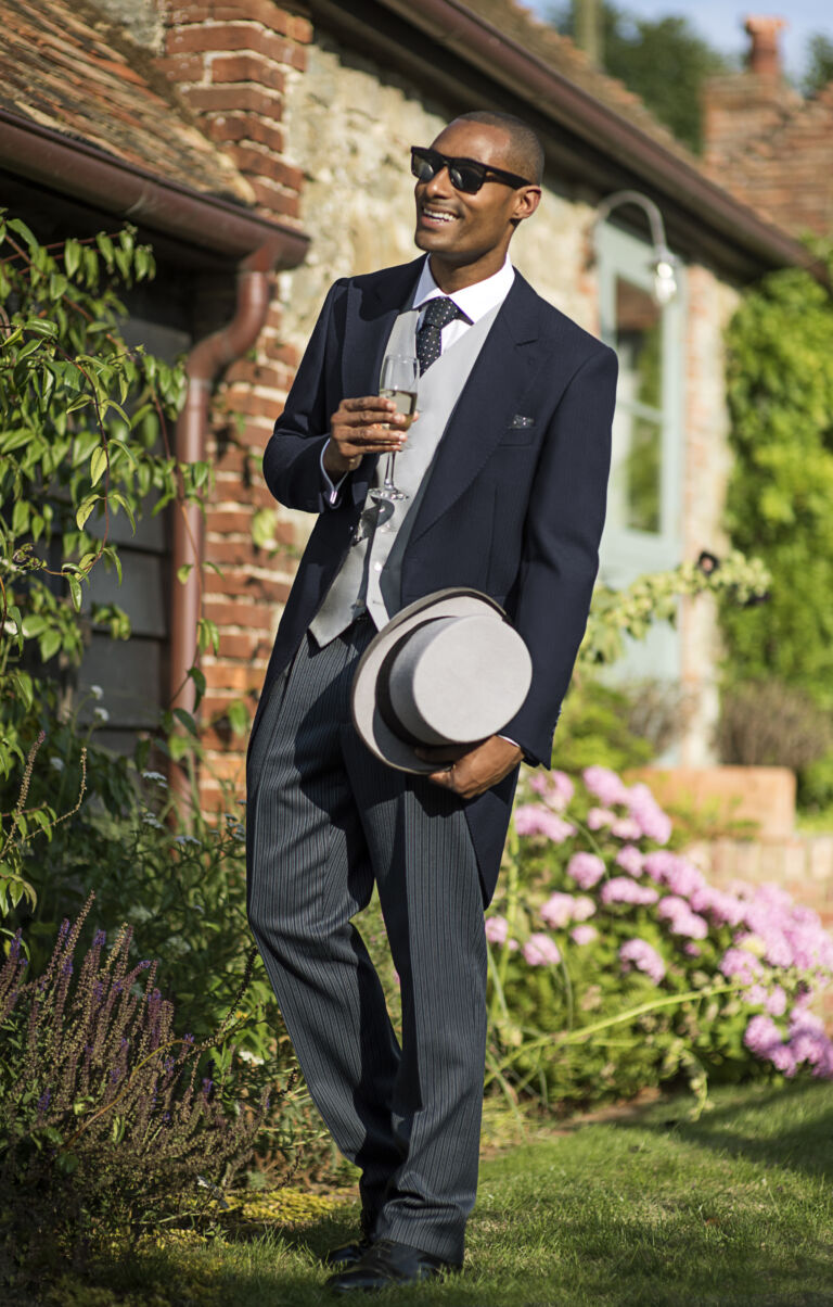 Prince Edward suit for hire – Herringbone Tailcoat in navy